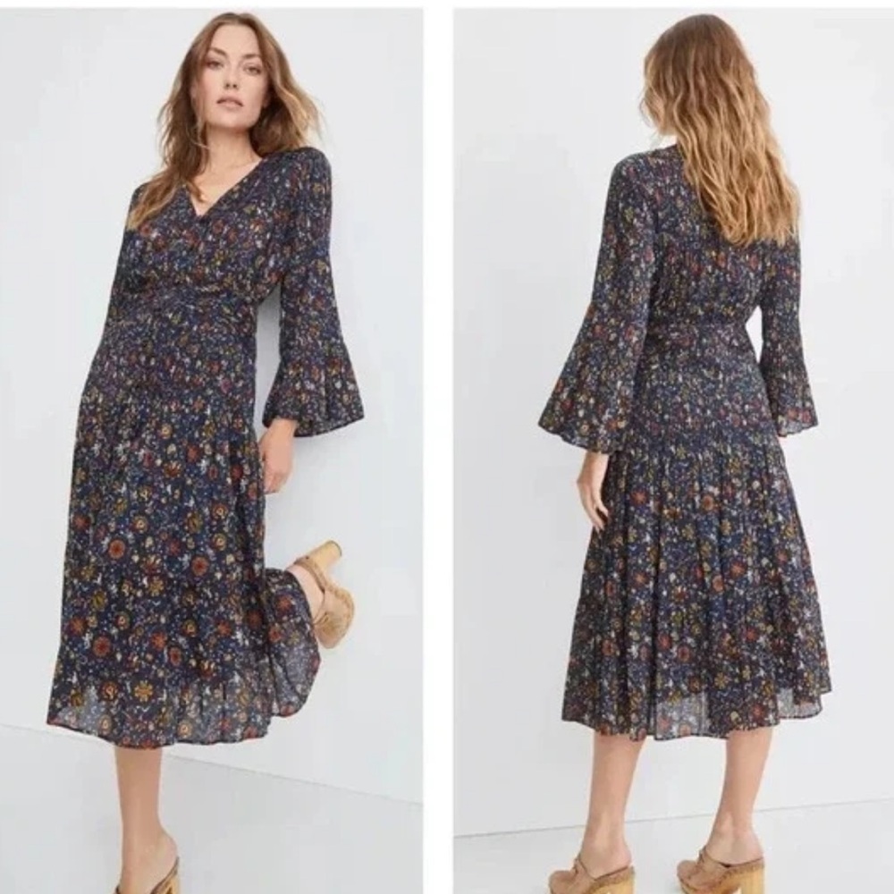 Veronica Beard Shireen Dress Ink Multi Vine Floral Long Sleeve Cotton Midi - Picture 2 of 16